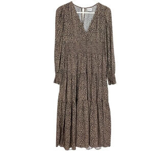 LINI Dress Womens Size Large Leopard Cora VNeck Tiered Print Long Sleeve Maxi